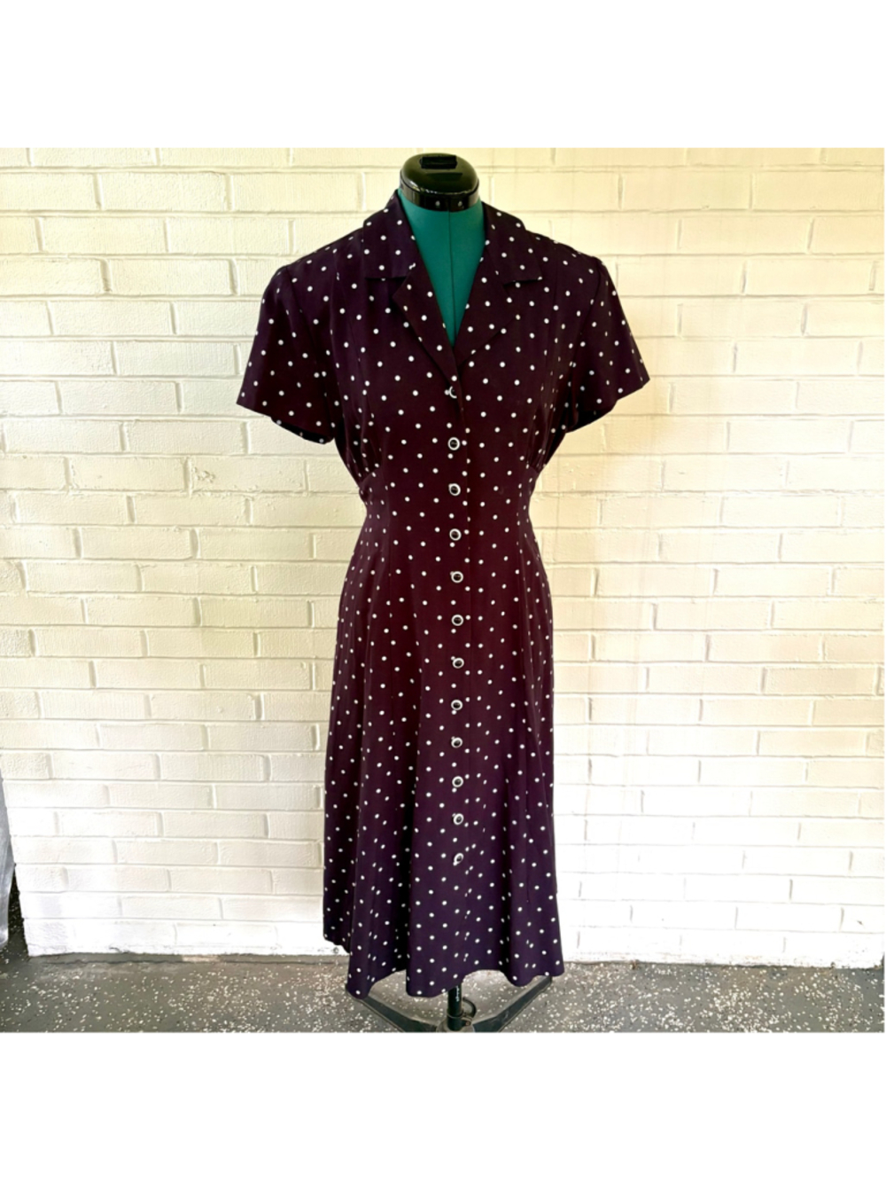 Vintage 90s Sherri Martin navy and white polka dot midi shirt dress